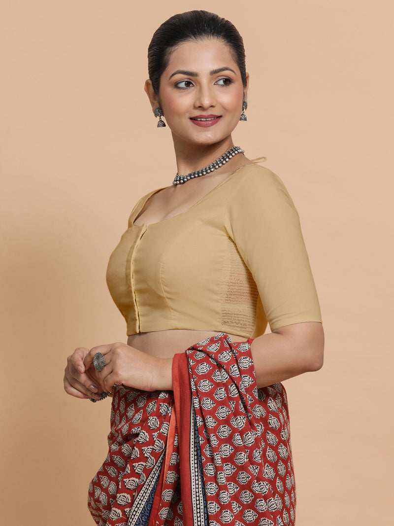 Mithali x Rozaana | Elbow Sleeves Saree Blouse in Ecru Beige Linen-Binks