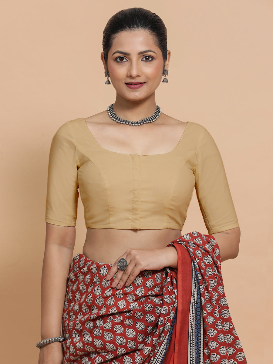 Mithali x Rozaana Saree Blouse, in Beige Linen, featuring elbow sleeves and round neckline, made for daily & work (view 6).
