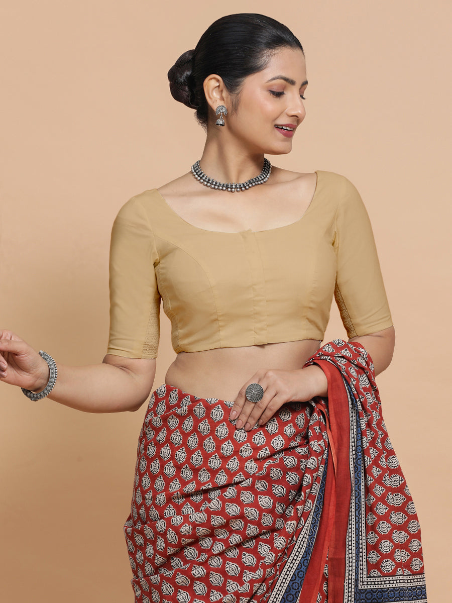 Mithali x Rozaana Saree Blouse, in Beige Linen, featuring elbow sleeves and round neckline, made for daily & work (view 7).
