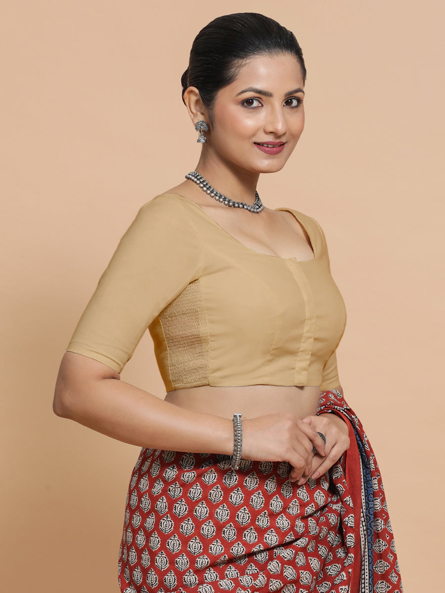 Mithali x Rozaana Saree Blouse, in Beige Linen, featuring elbow sleeves and round neckline, made for daily & work (view 8).