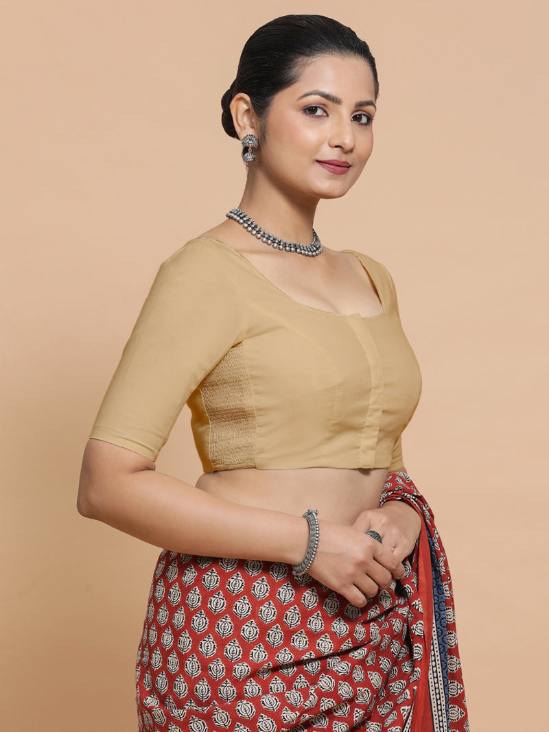 Mithali x Rozaana | Elbow Sleeves Saree Blouse in Ecru Beige Linen-Binks