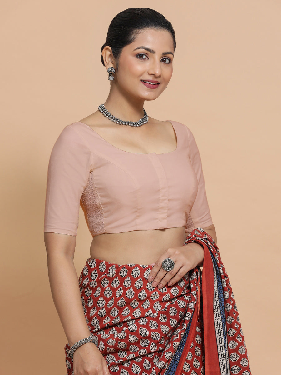 Mithali x Rozaana Saree Blouse, in Pink Linen, featuring elbow sleeves and round neckline, made for daily & work (view 10).