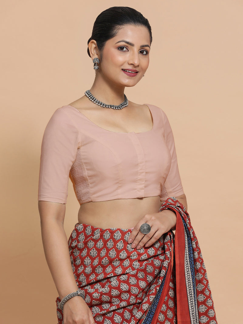Mithali x Rozaana | Elbow Sleeves Saree Blouse in Misty Pink Linen-Binks