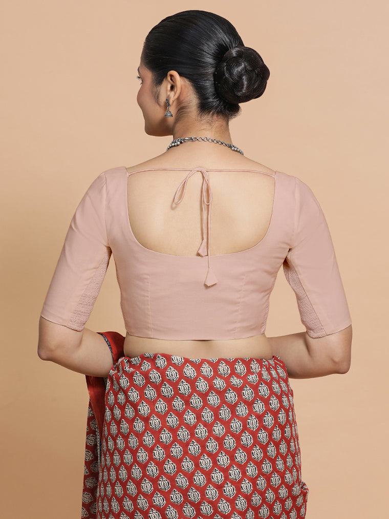 Mithali x Rozaana Saree Blouse, in Pink Linen, featuring elbow sleeves and round neckline, made for daily & work (view 2).