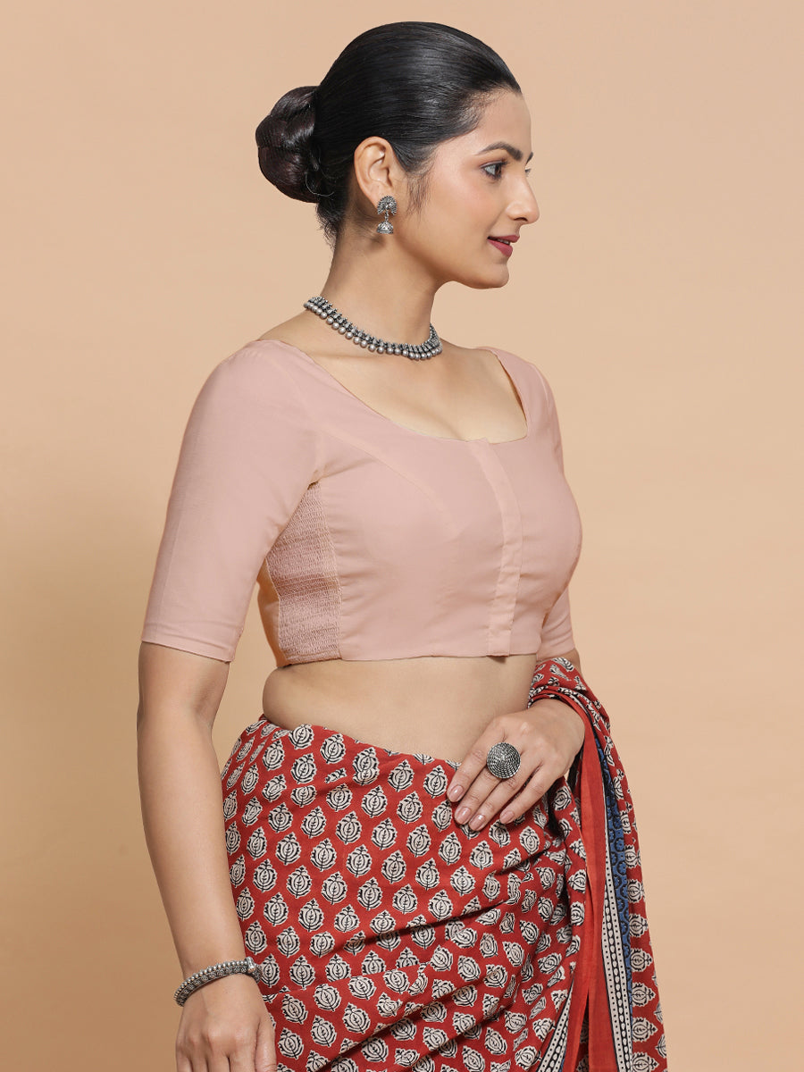 Mithali x Rozaana Saree Blouse, in Pink Linen, featuring elbow sleeves and round neckline, made for daily & work (view 8).