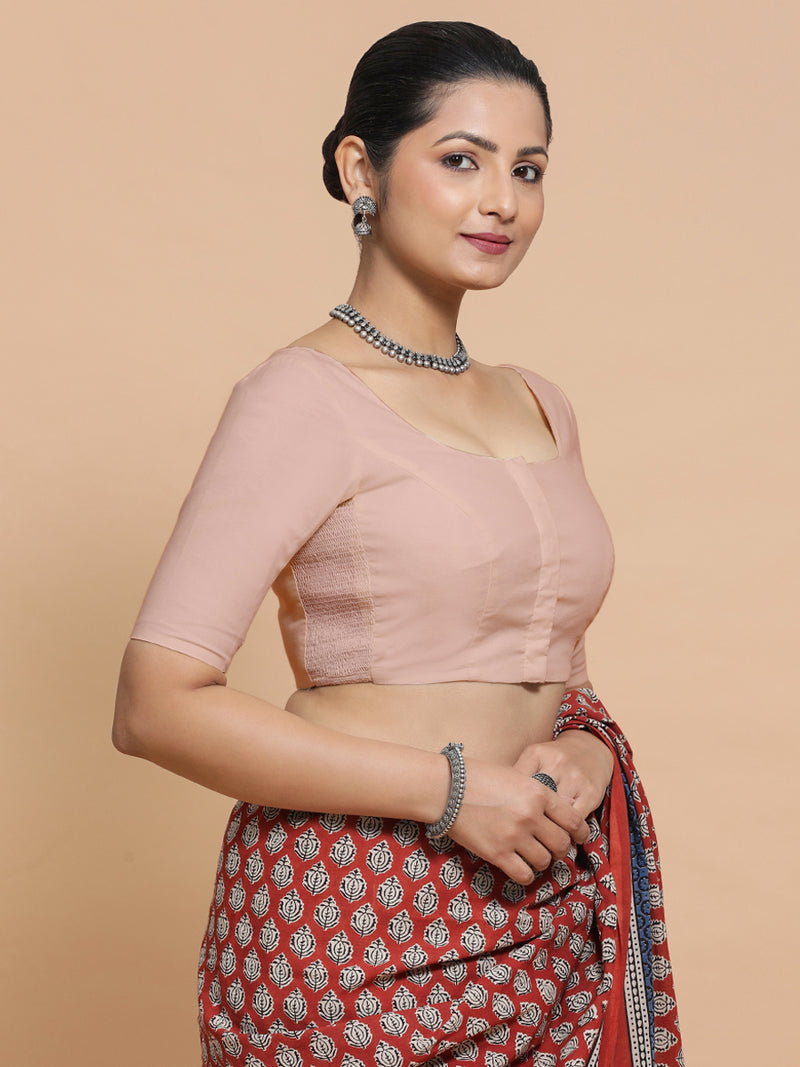 Mithali x Rozaana | Elbow Sleeves Saree Blouse in Misty Pink Linen-Binks