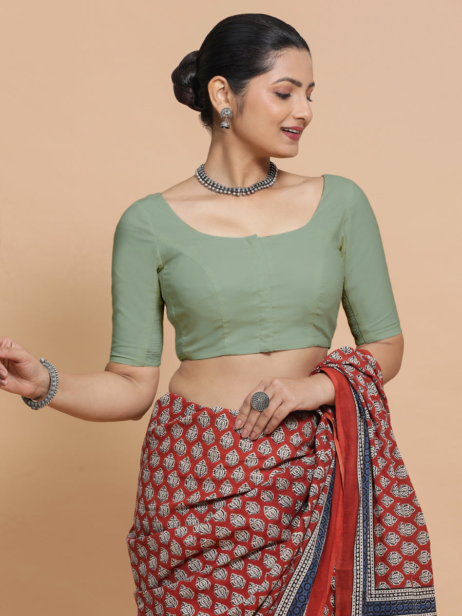 Mithali x Rozaana Saree Blouse, in Green Linen, featuring elbow sleeves and round neckline, made for daily & work.