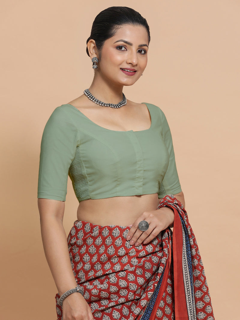 Mithali x Rozaana | Elbow Sleeves Saree Blouse in Peppermint Green Linen-Binks
