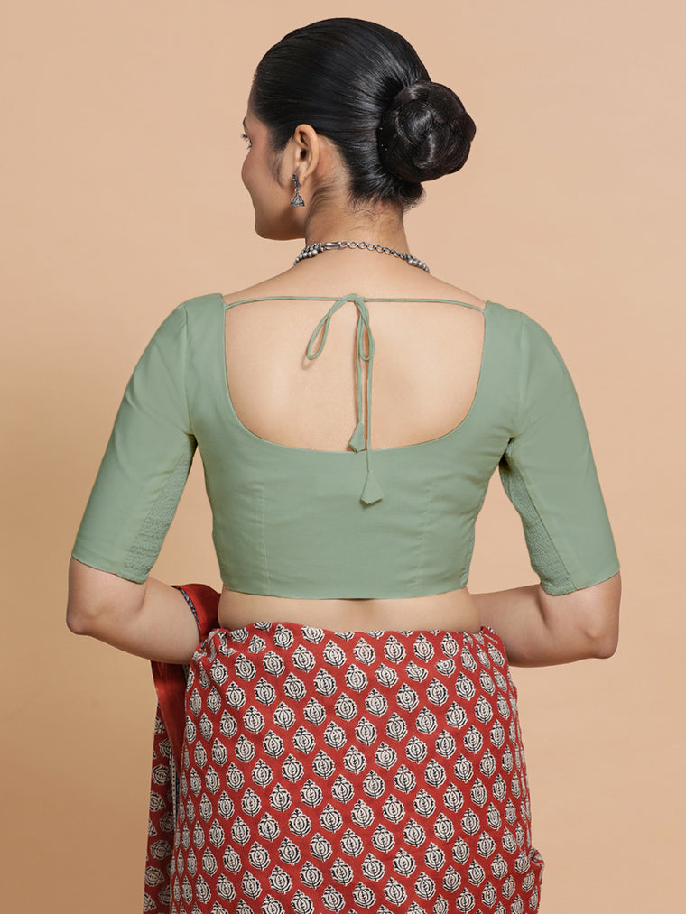 Mithali x Rozaana Saree Blouse, in Green Linen, featuring elbow sleeves and round neckline, made for daily & work (view 2).
