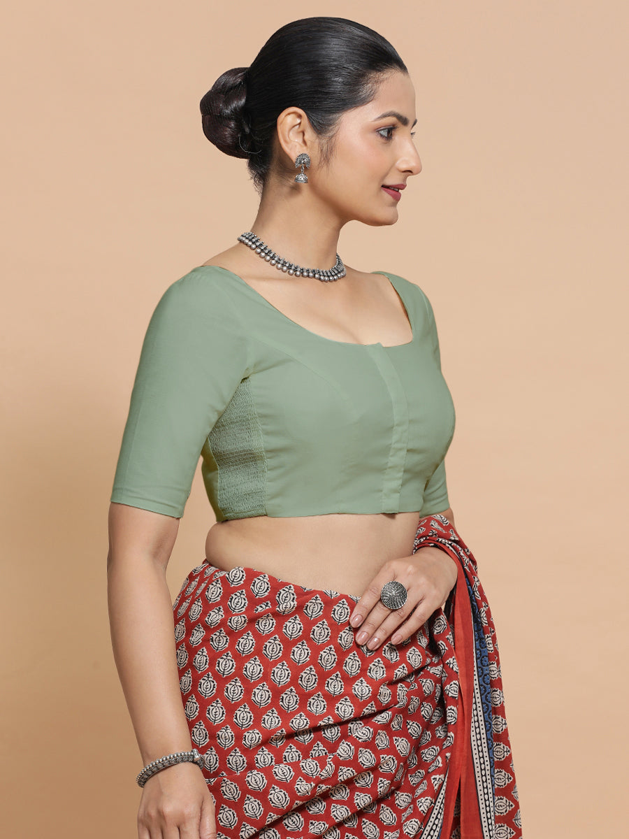 Mithali x Rozaana Saree Blouse, in Green Linen, featuring elbow sleeves and round neckline, made for daily & work (view 8).