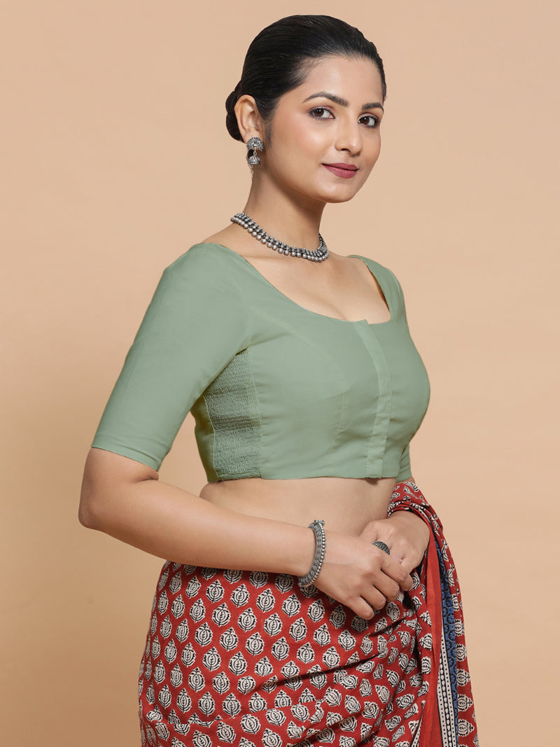 Mithali x Rozaana | Elbow Sleeves Saree Blouse in Peppermint Green Linen-Binks