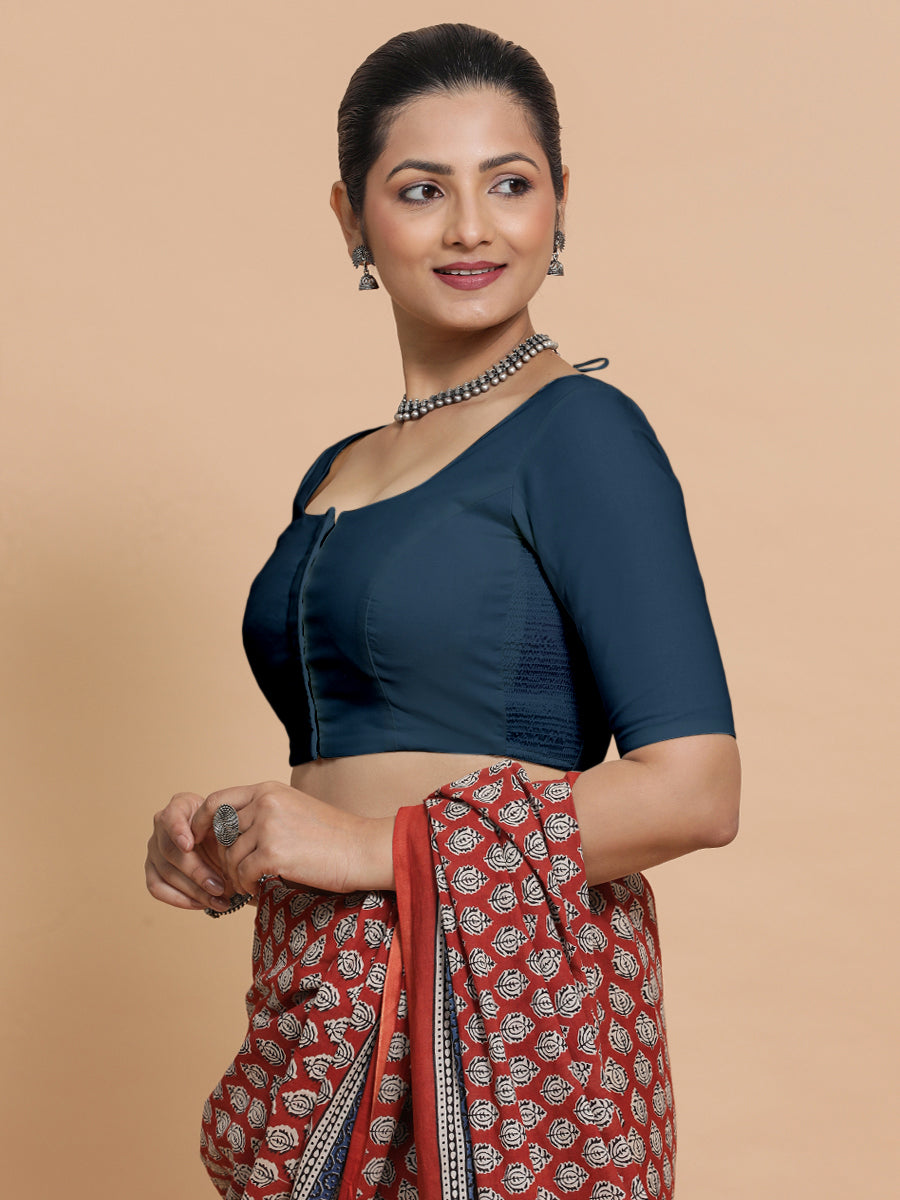 Mithali x Rozaana Saree Blouse, in Blue Linen, featuring elbow sleeves and round neckline, made for daily & work.