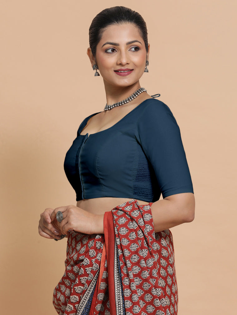 Mithali x Rozaana Saree Blouse, in Blue Linen, featuring elbow sleeves and round neckline, made for daily & work.