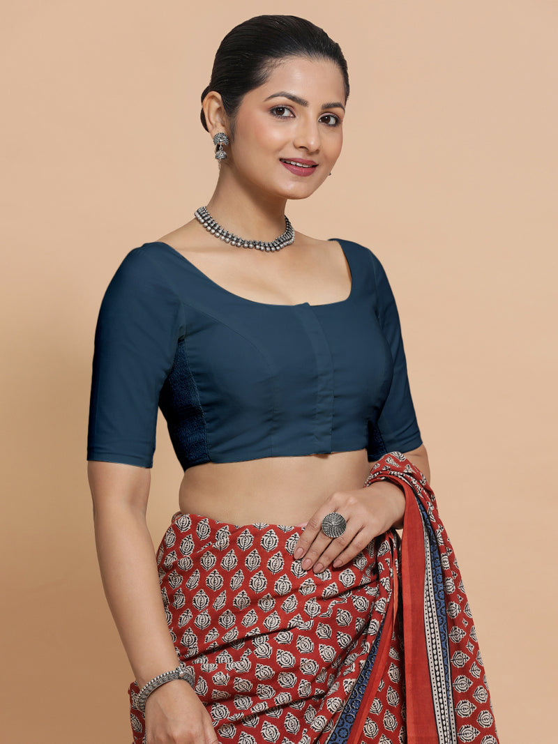 Mithali x Rozaana | Elbow Sleeves Saree Blouse in Regal Blue Linen-Binks