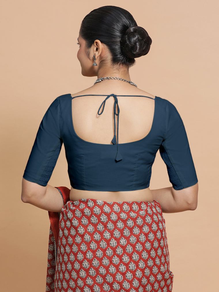 Mithali x Rozaana Saree Blouse, in Blue Linen, featuring elbow sleeves and round neckline, made for daily & work (view 2).