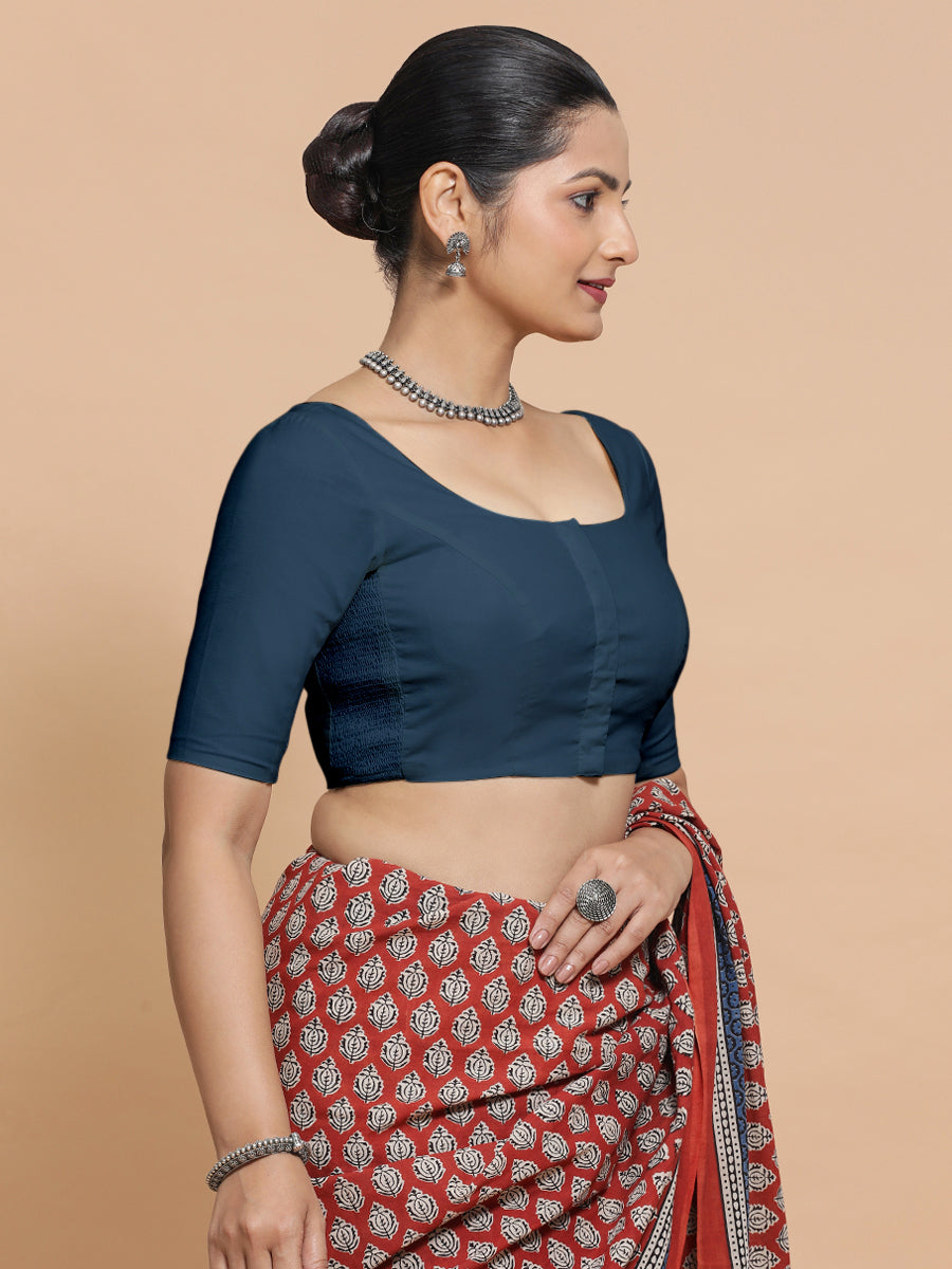 Mithali x Rozaana Saree Blouse, in Blue Linen, featuring elbow sleeves and round neckline, made for daily & work (view 8).