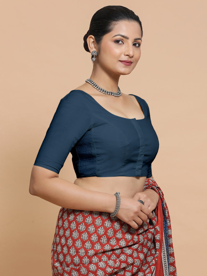 Mithali x Rozaana | Elbow Sleeves Saree Blouse in Regal Blue Linen-Binks