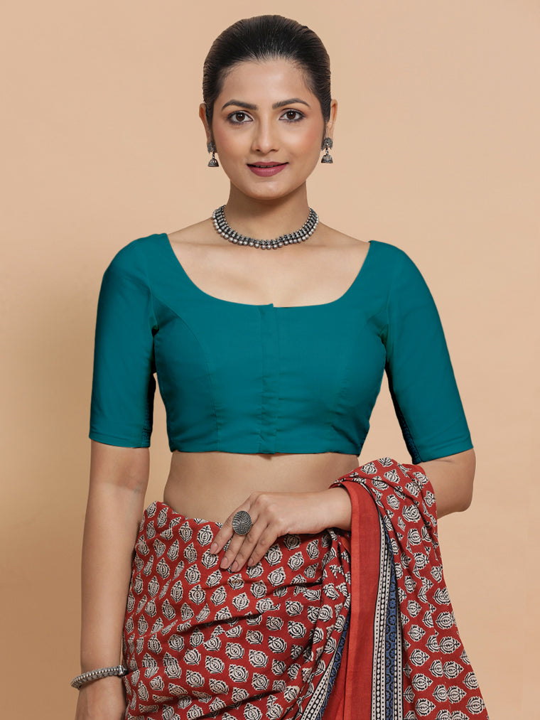 Mithali x Rozaana Saree Blouse, in Blue Linen, featuring elbow sleeves and round neckline, made for daily & work.