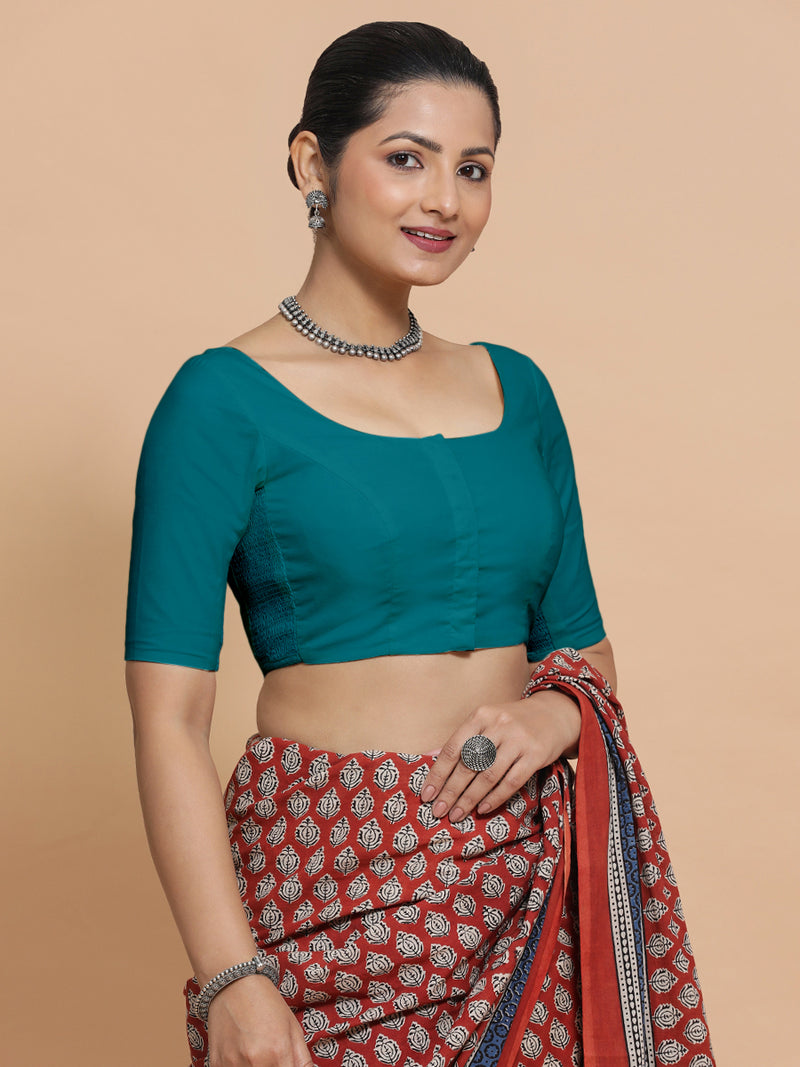 Mithali x Rozaana | Elbow Sleeves Saree Blouse in Teal Blue Linen-Binks
