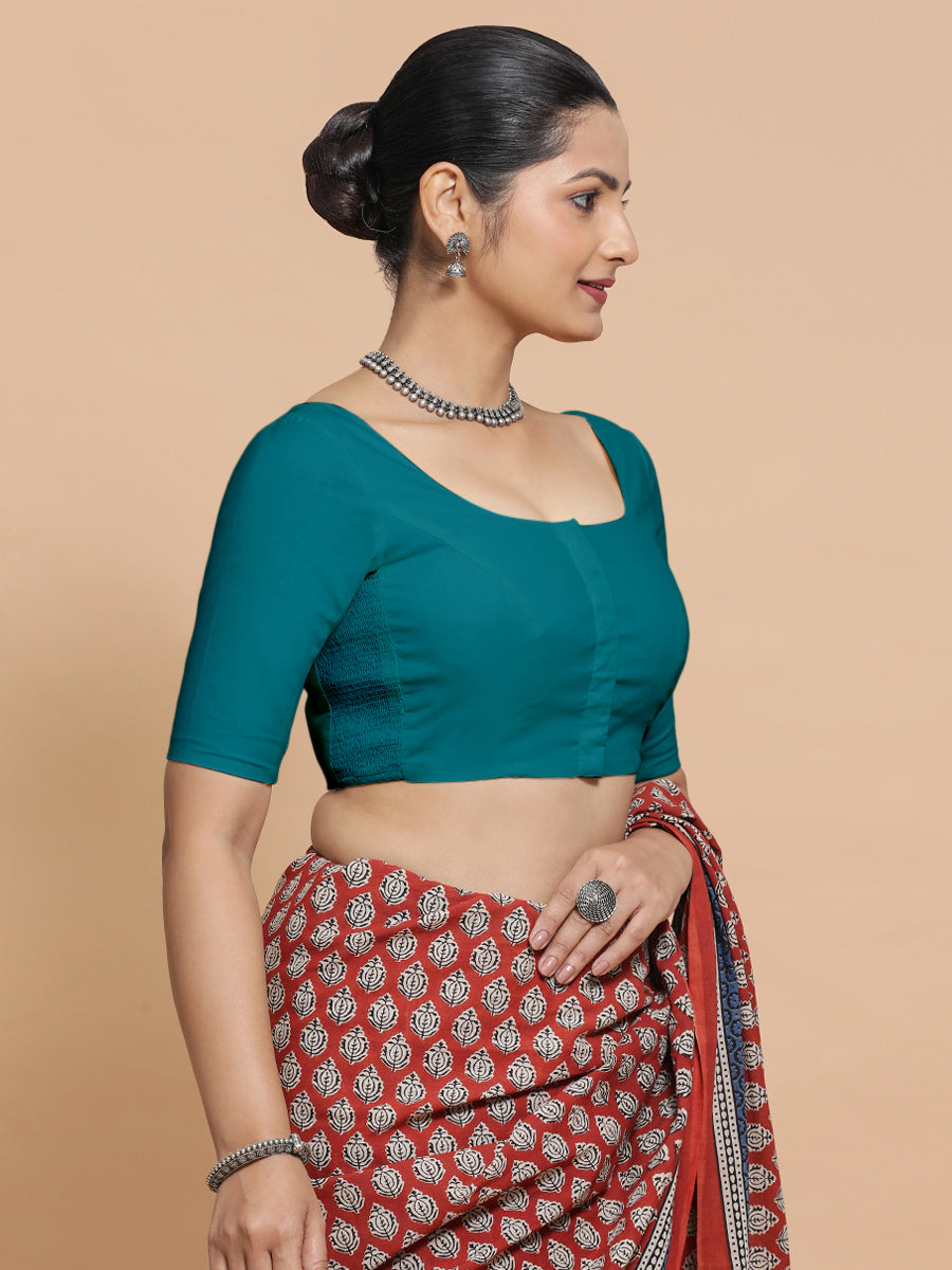 Mithali x Rozaana Saree Blouse, in Blue Linen, featuring elbow sleeves and round neckline, made for daily & work (view 8).