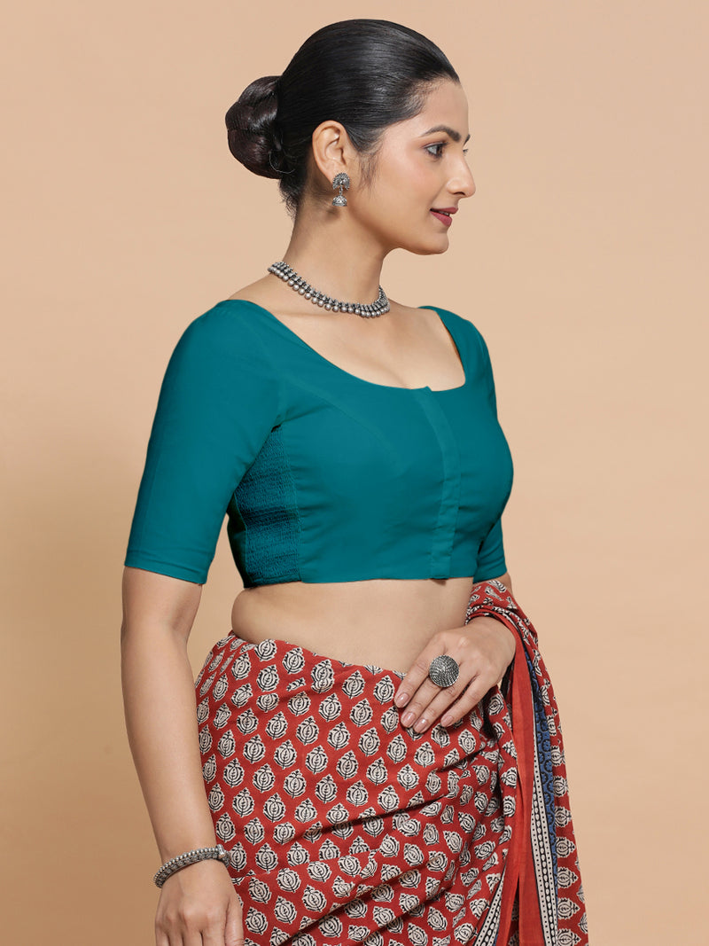 Mithali x Rozaana | Elbow Sleeves Saree Blouse in Teal Blue Linen-Binks
