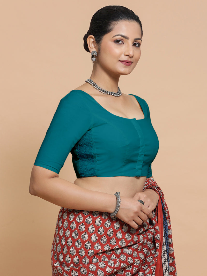 Mithali x Rozaana | Elbow Sleeves Saree Blouse in Teal Blue Linen-Binks