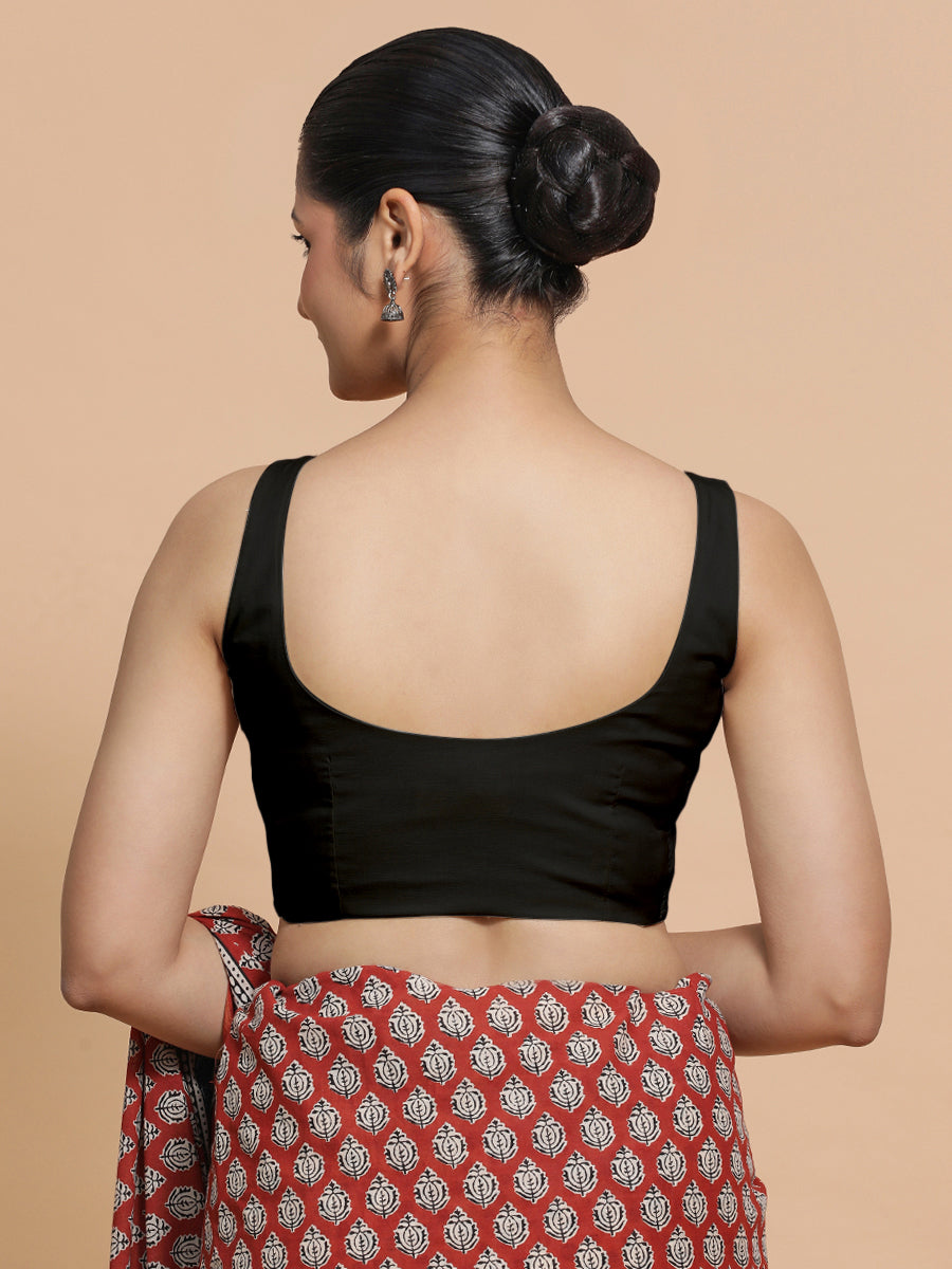 Mohini x Rozaana Saree Blouse, in Black Cotton, featuring sleeveless and round neckline, made for daily & work (view 2).