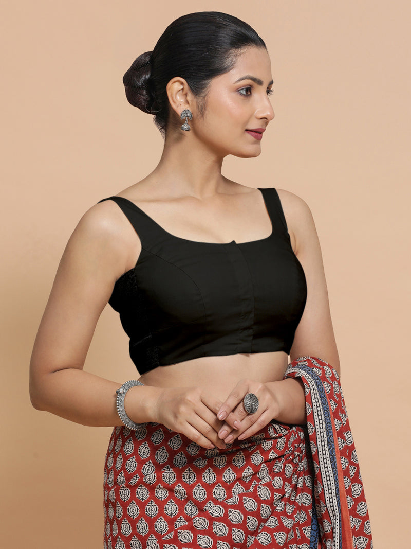 Mohini x Rozaana | Round Neck Black Plain Cotton Saree Blouse-Binks