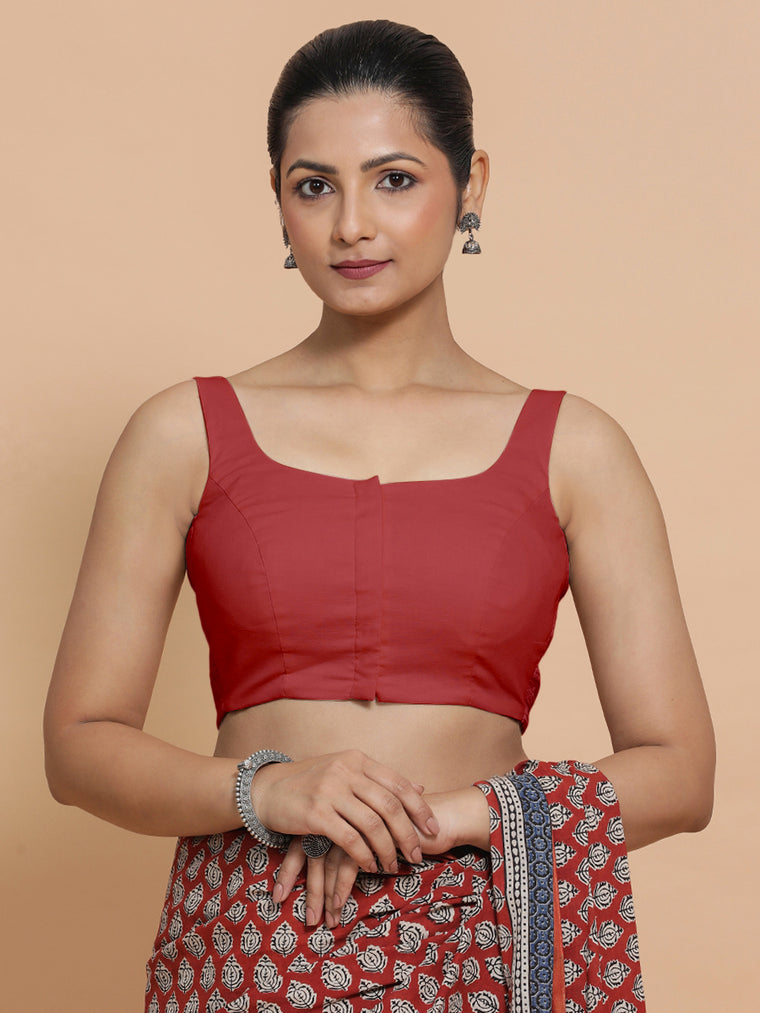 Mohini x Rozaana Saree Blouse, in Red 100% Cotton - Solid, featuring sleeveless and round neckline, made for daily & work.