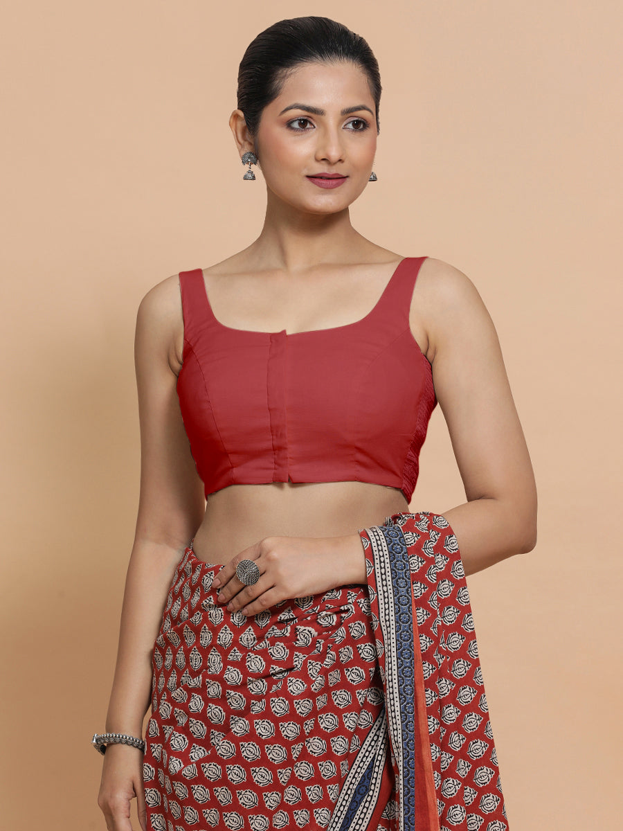 Mohini x Rozaana Saree Blouse, in Red 100% Cotton - Solid, featuring sleeveless and round neckline, made for daily & work.
