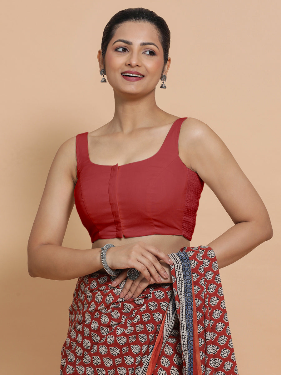 Mohini x Rozaana Saree Blouse, in Red 100% Cotton - Solid, featuring sleeveless and round neckline, made for daily & work.
