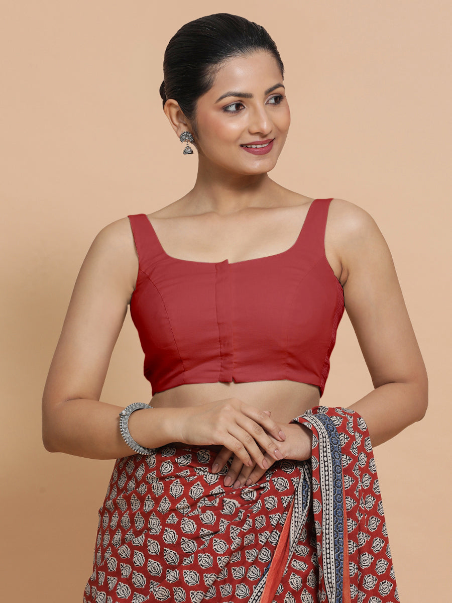 Mohini x Rozaana Saree Blouse, in Red 100% Cotton - Solid, featuring sleeveless and round neckline, made for daily & work.