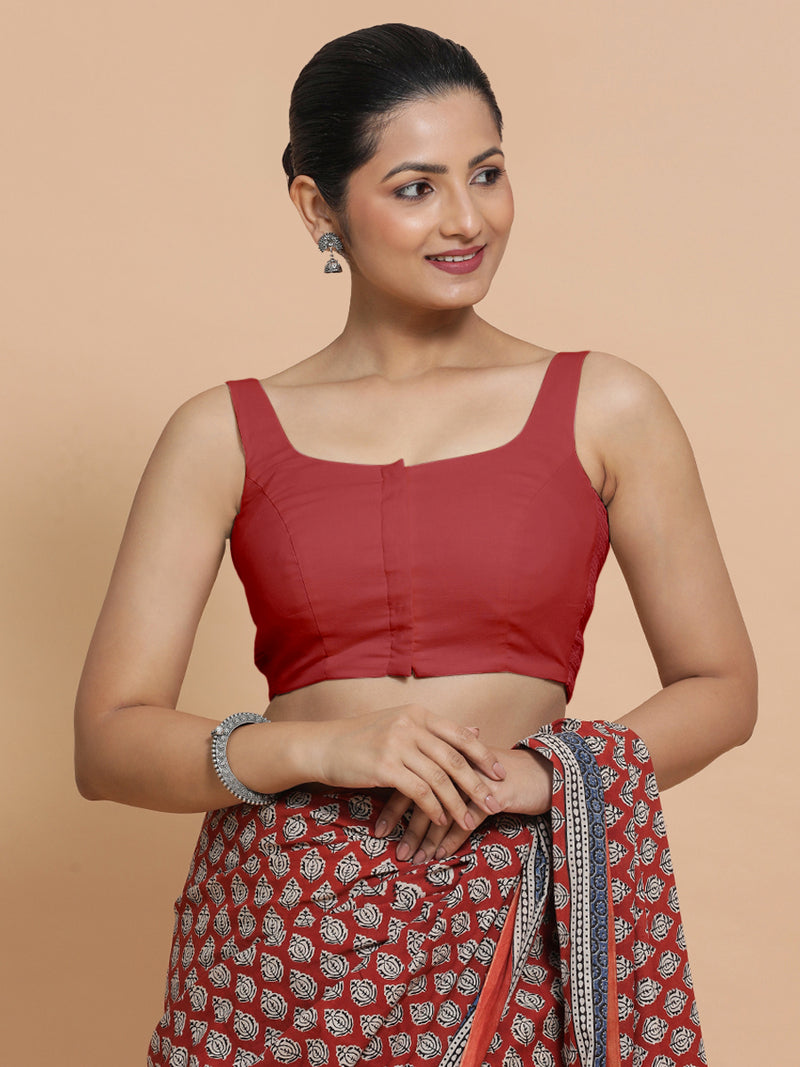 Mohini x Rozaana | Sleeveless Saree Blouse in Carmine Red Plain Cotton-Binks