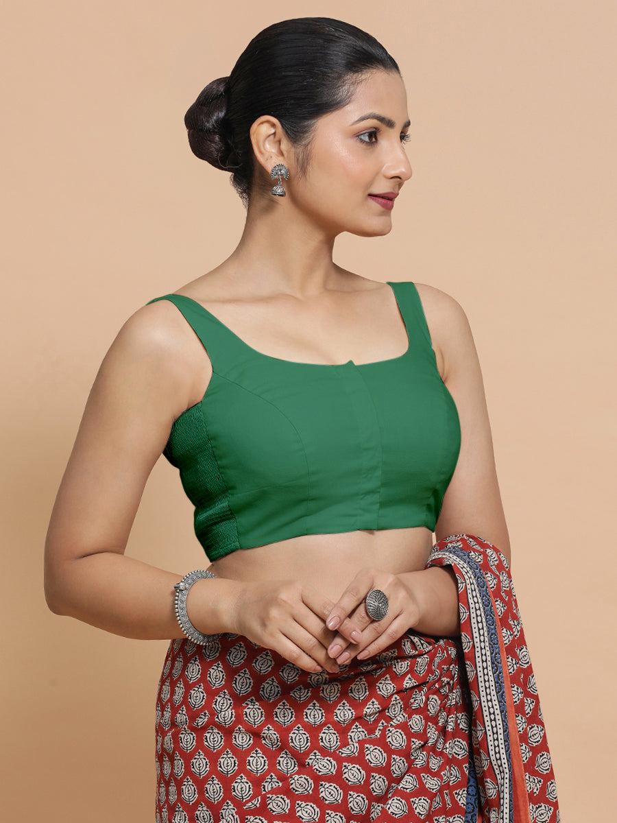 Mohini x Rozaana Saree Blouse, in Green 100% Cotton - Solid, featuring sleeveless and round neckline, made for daily & work.