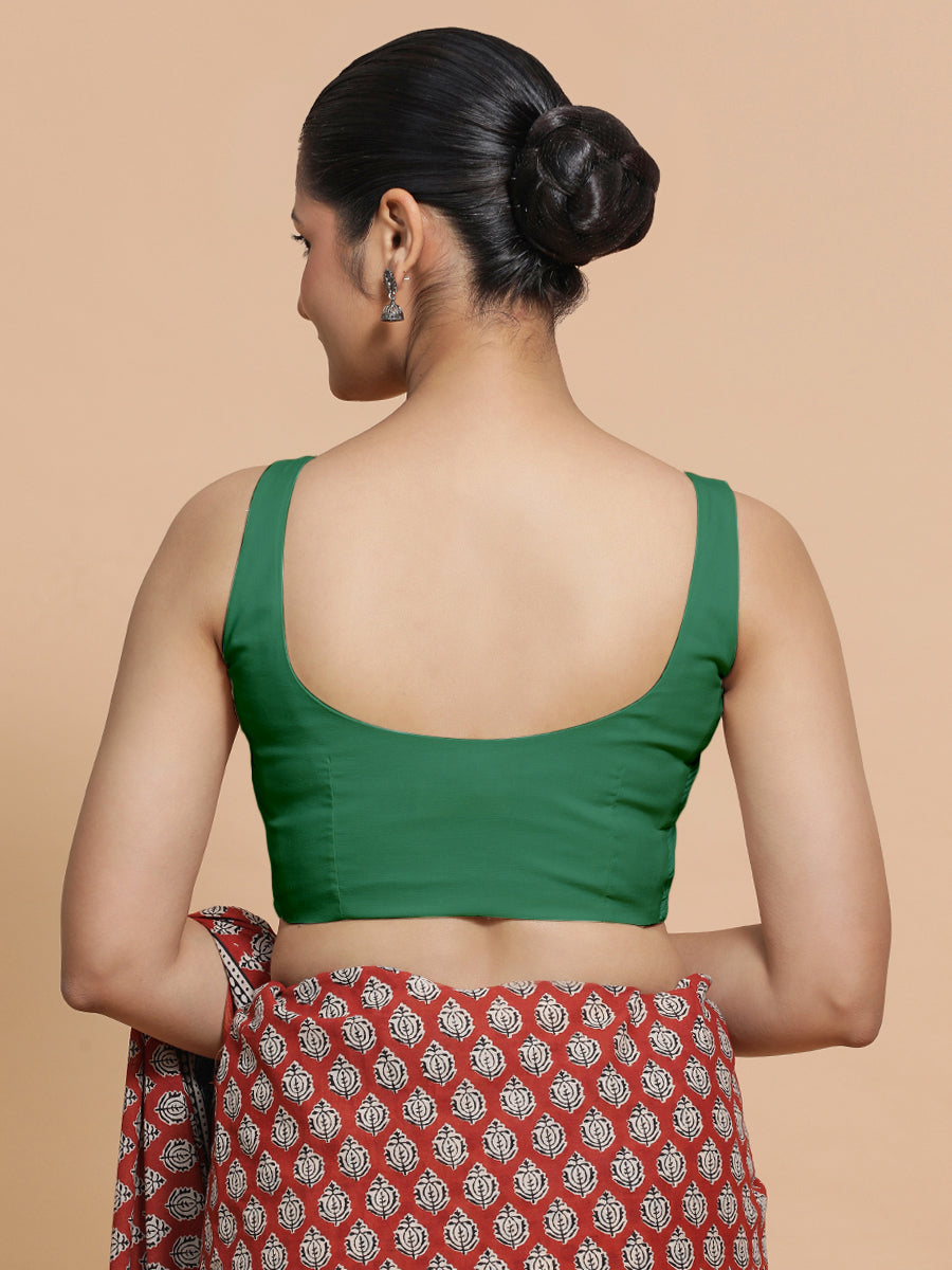 Mohini x Rozaana Saree Blouse, in Green 100% Cotton - Solid, featuring sleeveless and round neckline, made for daily & work.