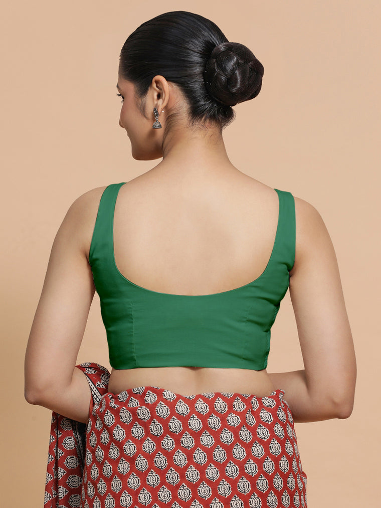 Mohini x Rozaana Saree Blouse, in Green 100% Cotton - Solid, featuring sleeveless and round neckline, made for daily & work.