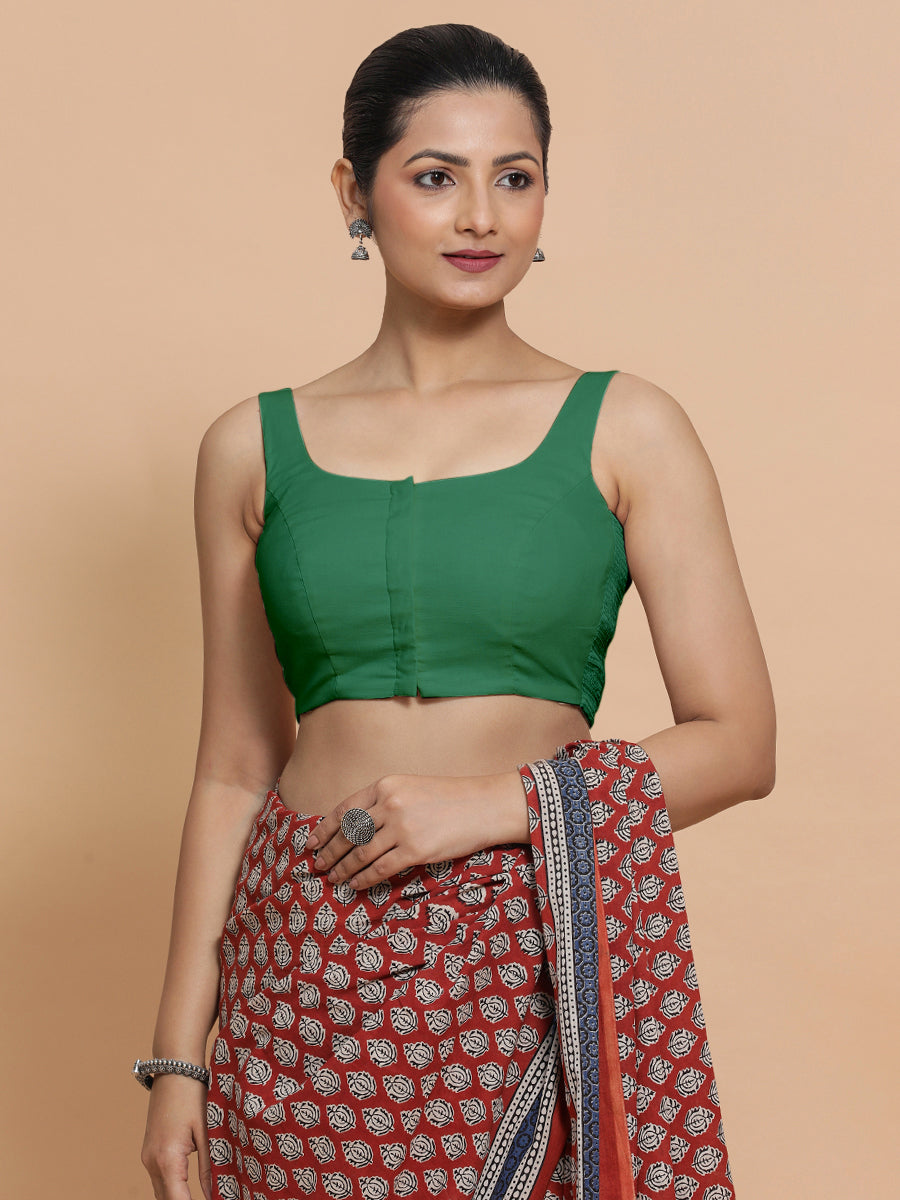 Mohini x Rozaana Saree Blouse, in Green 100% Cotton - Solid, featuring sleeveless and round neckline, made for daily & work.