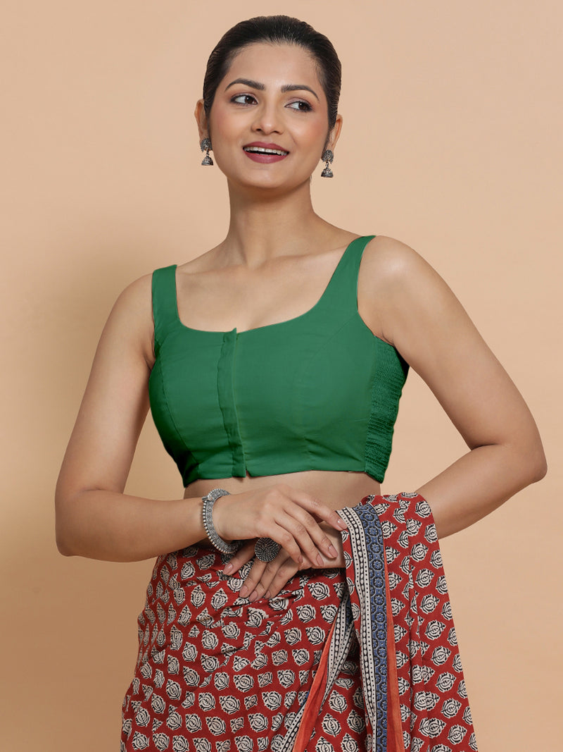 Mohini x Rozaana | Sleeveless Saree Blouse in Castleton Green Plain Cotton-Binks