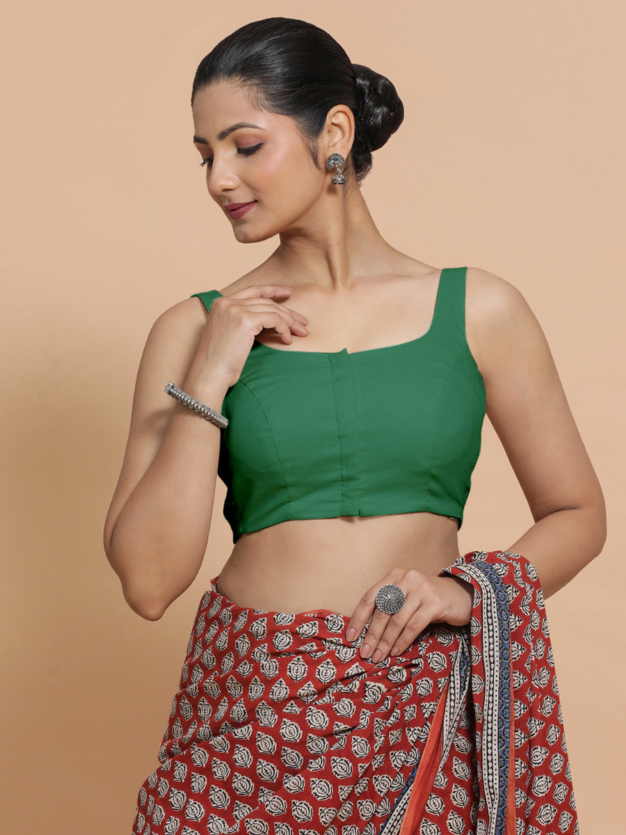 Mohini x Rozaana Saree Blouse, in Green 100% Cotton - Solid, featuring sleeveless and round neckline, made for daily & work.