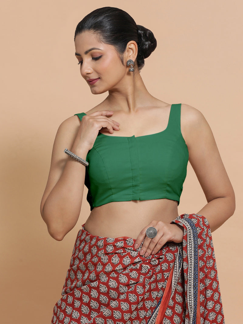 Mohini x Rozaana | Sleeveless Saree Blouse in Castleton Green Plain Cotton-Binks