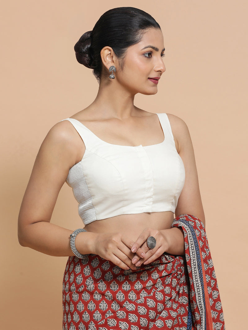 Mohini x Rozaana | Round Neck Ivory Mist Plain Cotton Saree Blouse-Binks