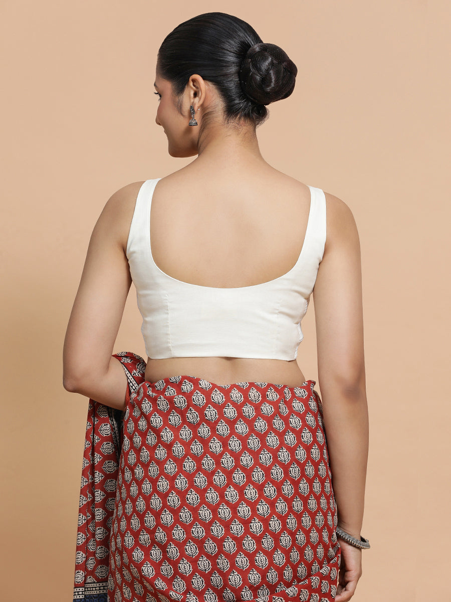 Mohini x Rozaana Saree Blouse, in White Cotton, featuring sleeveless and round neckline, made for daily & work (view 2).
