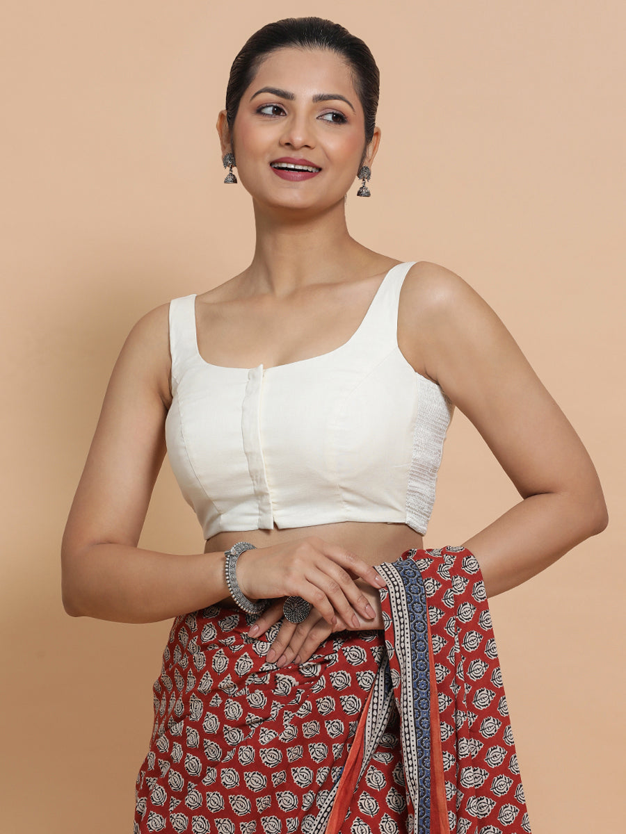 Mohini x Rozaana Saree Blouse, in White Cotton, featuring sleeveless and round neckline, made for daily & work (view 4).