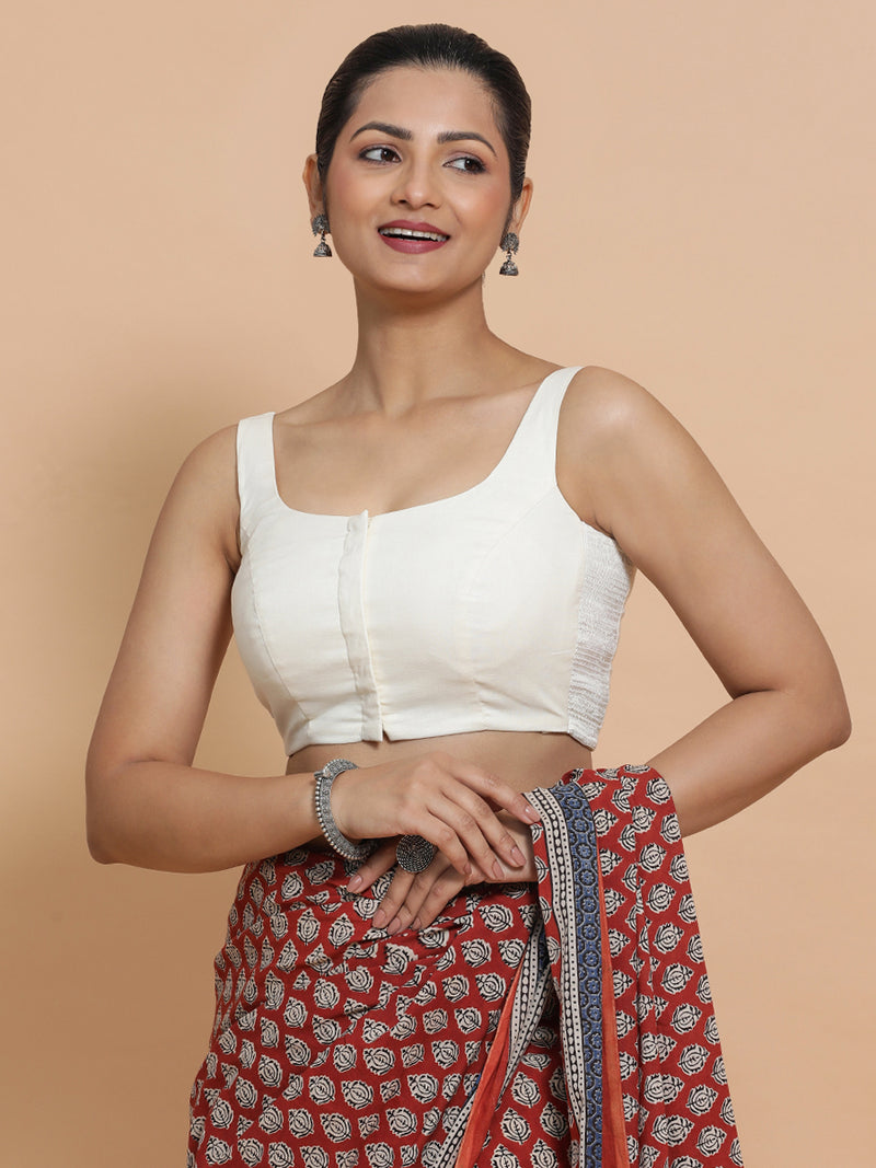 Mohini x Rozaana | Round Neck Ivory Mist Plain Cotton Saree Blouse-Binks