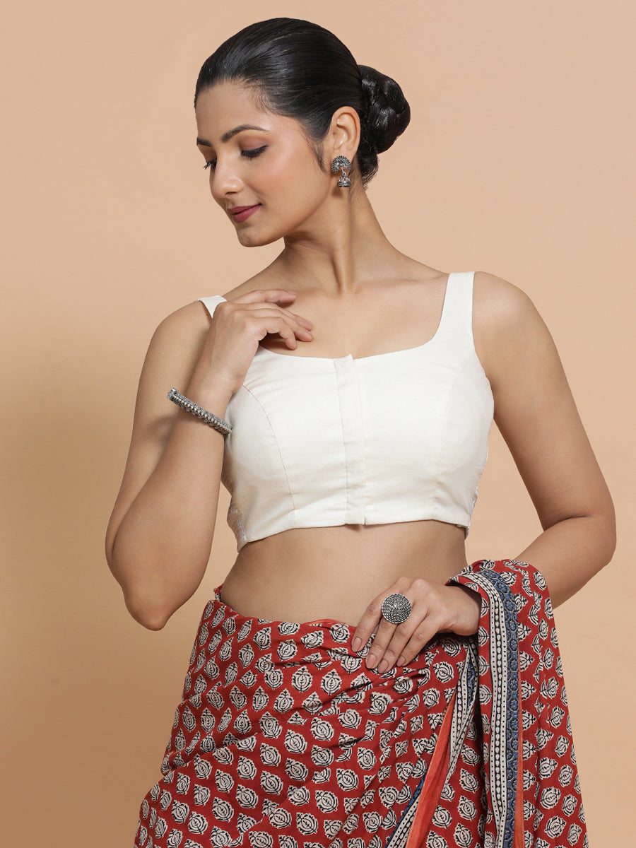 Mohini x Rozaana Saree Blouse, in White Cotton, featuring sleeveless and round neckline, made for daily & work (view 6).