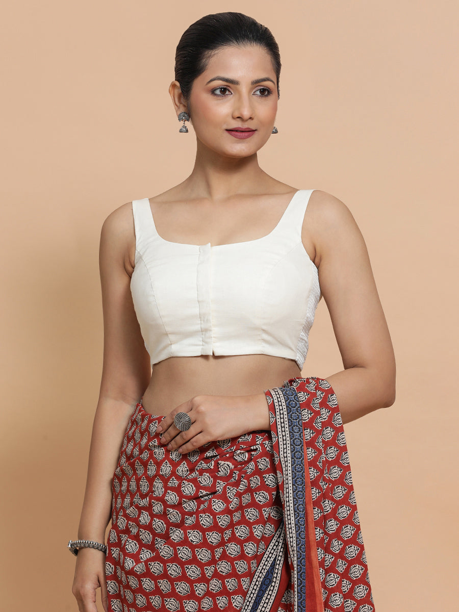Mohini x Rozaana Saree Blouse, in White Cotton, featuring sleeveless and round neckline, made for daily & work (view 8).