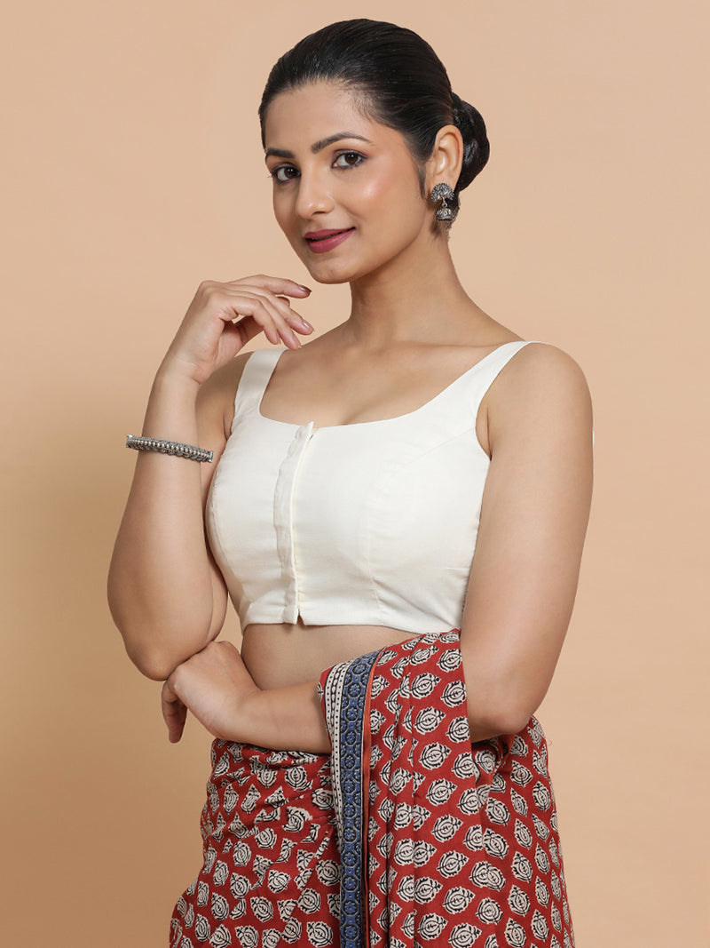 Mohini x Rozaana | Round Neck Ivory Mist Plain Cotton Saree Blouse-Binks