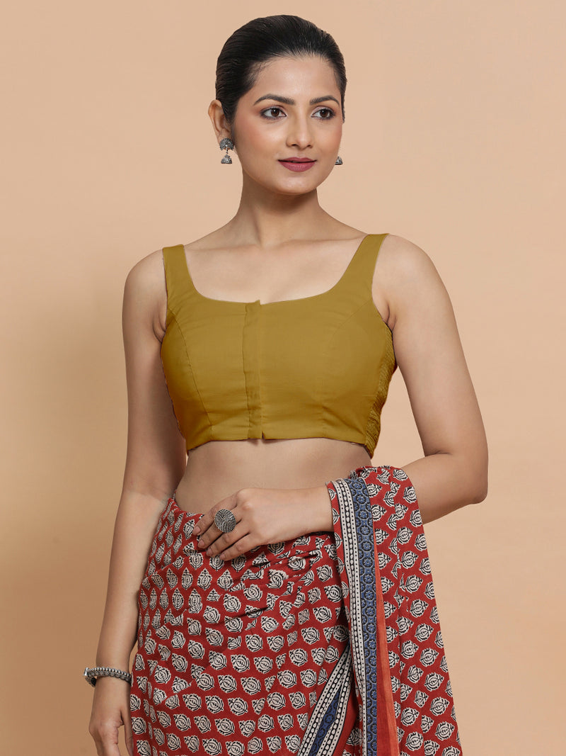 Mohini x Rozaana | Round Neck Khaki Plain Cotton Saree Blouse-Binks