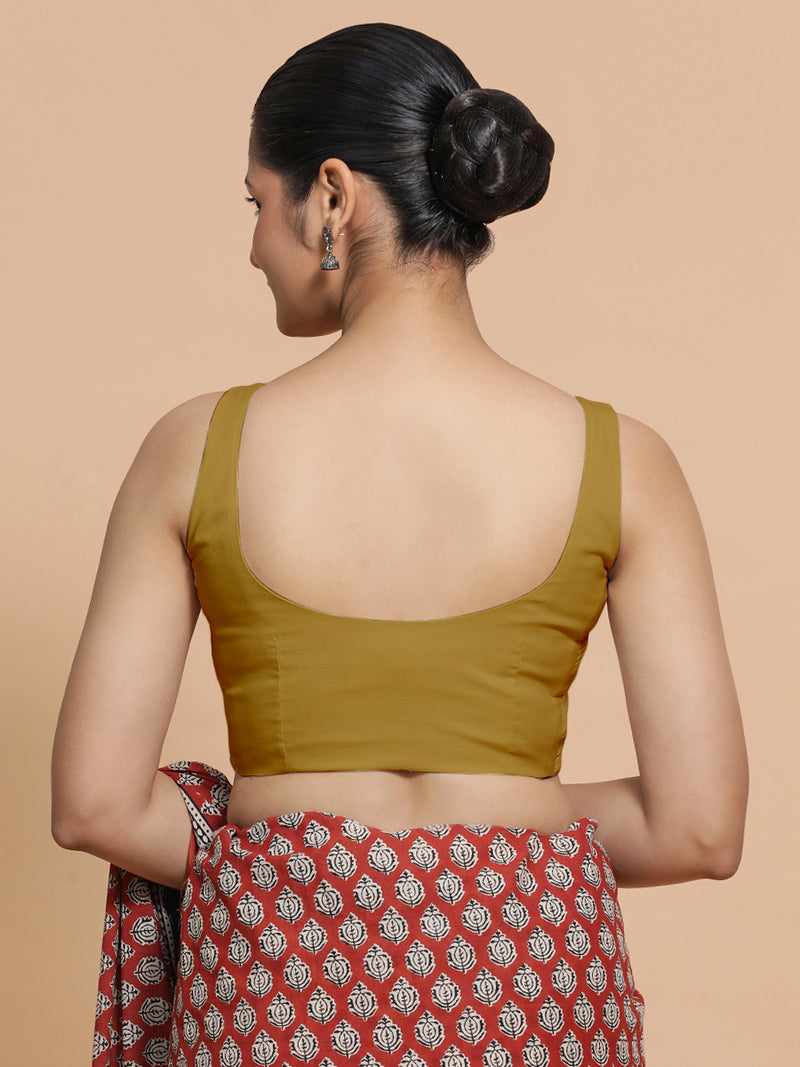 Mohini x Rozaana | Round Neck Khaki Plain Cotton Saree Blouse-Binks