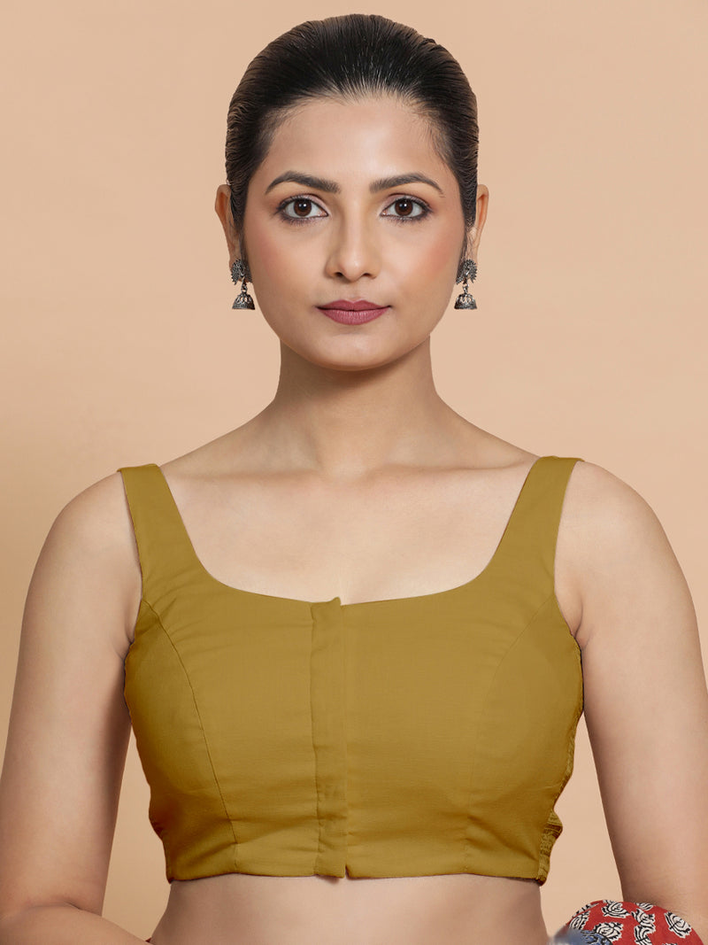 Mohini x Rozaana | Round Neck Khaki Plain Cotton Saree Blouse-Binks